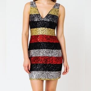 Black/Gold/Red/Silver Striped Sequin Mini Dress